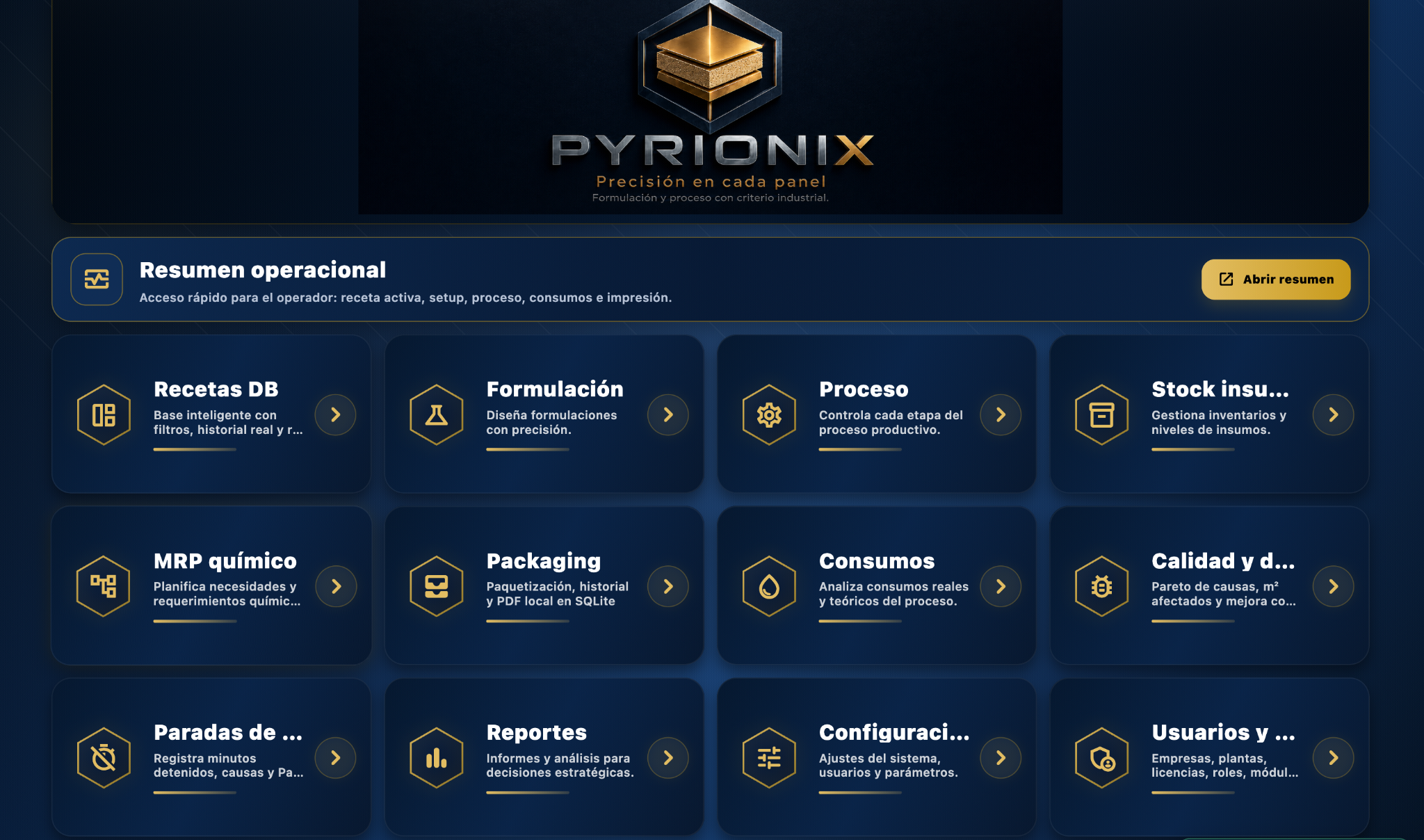 Pantalla principal de PYRIONIX con acceso a sus módulos